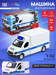 Машина инерционная металлическая Полиция 1:32 16х7,5х8,5см, свет, звук, открываются двери, в коробке Автоград 9615113