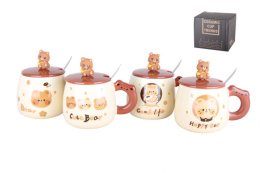 Кружка фарфоровая 300мл с крышкой, с ложкой, в ассортименте, в п/у Коралл 6689