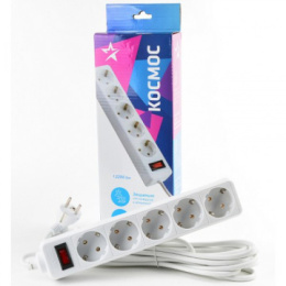 Фильтр сетевой 5 розеток  3,0м 10А с заземлением, ПВС 3 х 0,75, 2200Вт, белый Космос FKsm3m-5g(W)