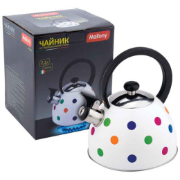 Чайник из нержавеющей стали со свистком 2,2л черная ручка MAL-0403, белый в горох Mallony 985607