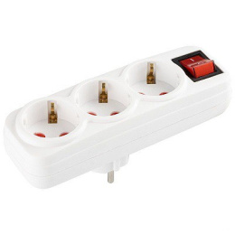 Тройник сетевой ТС-3-ТЛ-3з-в 16А с тремя заземляющими контактами, с выключателем, линейный, белый, в инд. упаковке Викей