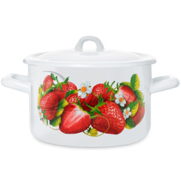 Кастрюля эмалированная  2,9л цилиндрическая с металл. крышкой с декором Клубника Эстет ЭТ-72692