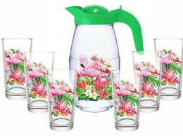 Набор стеклянный  7 предметов (кувшин + 6 стаканов) Фламинго в тропиках, в п/у Декостек 1607/6-Д
