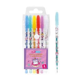 Ручки гелевые набор  6 цветов Artspace Кот сластена, с блестками, 1мм GPCC06_53029