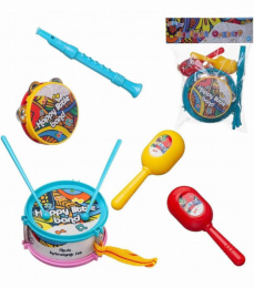 Набор музыкальных инструментов  5 предметов Веселый оркестр: барабан, бубен, 2 маракаса, дудка, в пакете Наша Игрушка D-00078/розово-голубой/601450