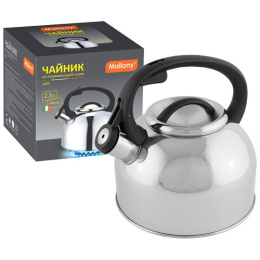 Чайник из нержавеющей стали со свистком 2,5л черная ручка, Arte зеркальная полировка Mallony 005177