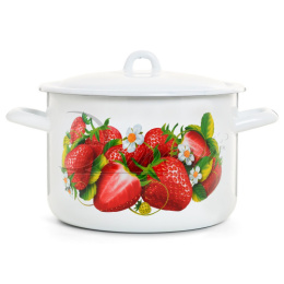 Кастрюля эмалированная  4,3л цилиндрическая с металл. крышкой с декором Клубника Эстет ЭТ-72693