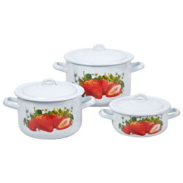Эмаль набор посуды Стэма 3 предм. кастрюли цилиндрические с металл. крышками 1,45л, 2,9л, 4,3л Сочная клубника Лысьвенские эмали С-001/4Э