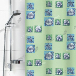 Штора для ванной полиэтилен 180х180см 6984 12 колец Ракушки, зеленый Вилина