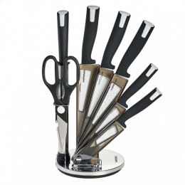 Набор ножей  8 предм. 5 ножей с антибактериальным покрытием с прорезиненными ручками + ножницы + точилка + акриловая подставка Webber BE-2261N