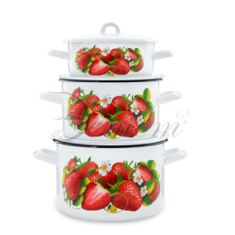 Эмаль набор посуды Эстет 3 предм. кастрюли цилиндрические с металл. крышками 1,45л, 2,9л, 4,3л Клубника Эстет ЭТ-72868