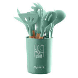 Набор кухонных принадлежностей силиконовый 12 предм. на подставке, деревянные ручки, мятный Alpenkok АК-5281