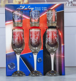 Двойка - набор стеклянный 12 предметов (6 бокалов для шампанского + 6 стопок) Византия, в п/у Декостек 12082-ГЗ2