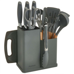 Набор ножей 19 предм. 5 ножей с пластик. ручками + кухонные принадлежности + разделочная доска + пластик. подставка, серый Alpenkok AK-2122