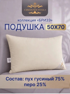 Подушка 50х68см Гусиный пух 75% / перо 25% (хлопок 100%, кант) бежевая, в сумке, Коллекция Бризэ Империя пуха ИП140