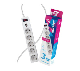 Фильтр сетевой 5 розеток  3,0м 10А с заземлением, ПВС 3 х 0,75, 2200Вт + 2 USB 2,1А, белый Космос FKsm3m-5g(W)USB