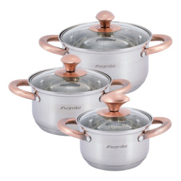 Набор посуды из нержавеющей стали  6 предм. кастрюли 1л 1,5л 2л, стеклянные крышки Kamille 4936
