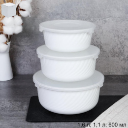 Набор салатников стеклокерамических  3шт. с крышками 600мл, 1,1л, 1,6л Классика, белый, в инд/у White Lily GRAY-DW3 (WHITE)/749759