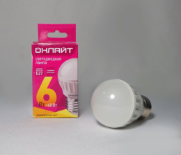 Лампа светодиодная  6Вт (эквивалент  60Вт) 230В E27 2700К теплый свет шар Онлайт ОLL-G45-6-230-2.7K-E27