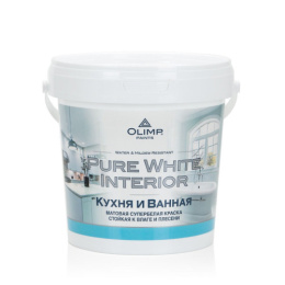 Краска для кухонь и ванных комнат влагостойкая супербелая матовая 0,9л Olimp