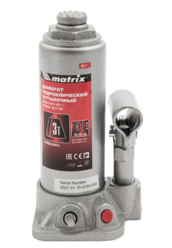 Домкрат  3т гидравлический бутылочный, высота подъема 194–372мм Matrix 50717