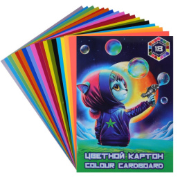 Картон цветной 18 листов 18 цветов А4 мелованный, Космический неоновый котик НК-9094