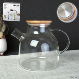 Чайник заварочный стеклянный 1,5л с пружинным металлическим фильтром, с бамбуковой крышкой, в п/у G125-11/703657