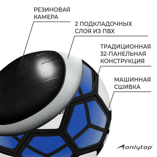 Мяч футбольный ПВХ размер 5, 2 слоя, машинная сшивка, резиновая камера, 32 панели, 260г, в ассортименте Onlytop 440873