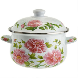 Кастрюля эмалированная Пионы 2,8л грушевидная с металл. крышкой Metalloni EM-1502