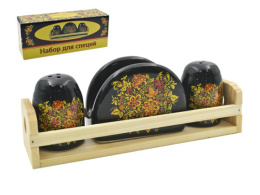 Набор для специй + салфетница керамический (доломит) 3 предмета на дерев. подставке Охра, в п/у Lavenir HC410-Z316