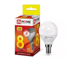 Лампа светодиодная  8Вт (эквивалент  75Вт) 230В E14 3000К теплый свет шар In Home LED-P45-ШАР-VC 0549