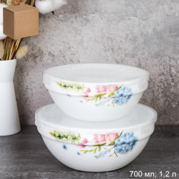 Набор салатников стеклокерамических  2шт. с крышками 700мл, 1,2л Гортензия, в инд/у White Lily GRAY-SW2A (7365)/754903