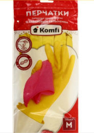 Перчатки резиновые (латексные) с хлопчатобумажным напылением размер "M" желтые Komfi DGL025P