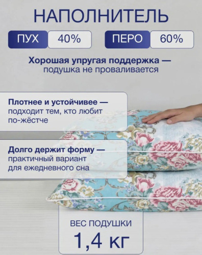 Подушка 50х68см Гусиный пух 40% / перо 60% (тик, кант) Голубые башенки, Коллекция Комфорт Империя пуха ИП120