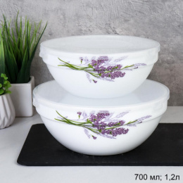 Набор салатников стеклокерамических  2шт. с крышками 700мл, 1,2л Букет лаванды, в инд/у White Lily GRAY-SW2A (7131-3)