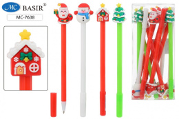 Ручка шариковая детская с игрушкой-насадкой Новогодняя, синяя, корпус ассорти МС-7638