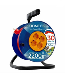 Удлинитель силовой на катушке 30м 4 розетки 10А с заземлением, ПВС 3 х 1, 2200Вт Domtok 2442