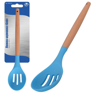 Ложка-шумовка силиконовая 31см деревянная ручка, Бон Мультидом VL50-173