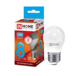 Лампа светодиодная  8Вт (эквивалент  75Вт) 230В E27 4000К белый (дневной) свет шар In Home LED-P45-ШАР-VC 0570