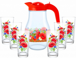 Набор стеклянный  7 предметов (кувшин + 6 стаканов) Маковое поле, в п/у Декостек 1607/6-Д
