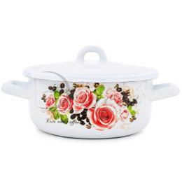 Кастрюля эмалированная  1,45л цилиндрическая с металл. крышкой с декором Розы и кофе Эстет ЭТ-71615