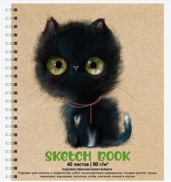 Тетрадь  40 листов скетчбук Black Kitty, крафт бумага, гребень 2134316