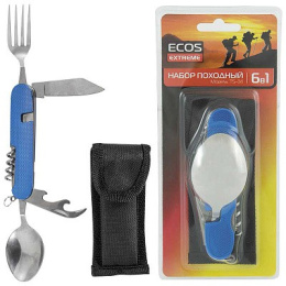 Набор Походный из нержавеющей стали 6 в 1: нож, открывалка для бутылок, консервный нож, вилка, ложка, штопор, TS-34, синий Ecos 325134