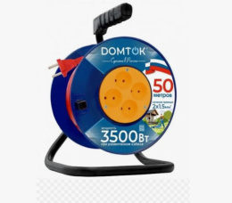 Удлинитель силовой на катушке 50м 4 розетки 10А без заземления, ПВС 2 х 1,5, 3500Вт Domtok 2448