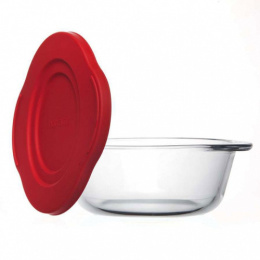 Кастрюля стеклянная жаропрочная круглая 1,45л пластиковая красная крышка, в коробке Borcam 59123 PLS