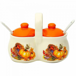 Банка для специй керамическая (доломит) двухсекционная с ложками 250мл Тыква, в п/у Elrington 110-07139