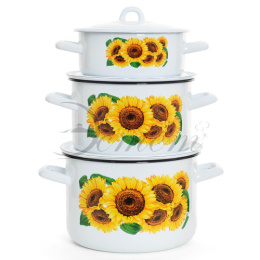 Эмаль набор посуды Эстет 3 предм. кастрюли цилиндрические с металл. крышками 1,45л, 2,9л, 4,3л Подсолнухи Эстет ЭТ-72454